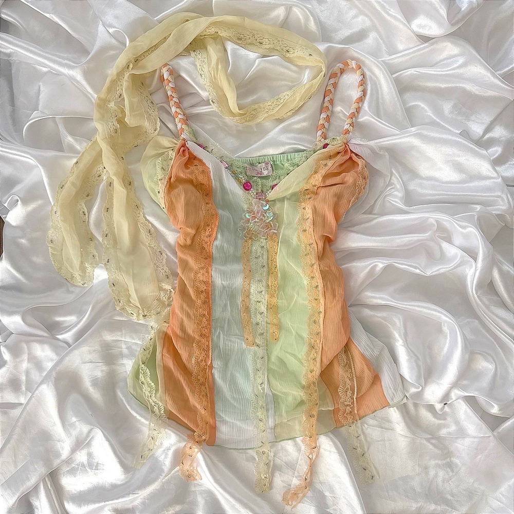 Oh Yes USA Pastel Patchwork Embellished Boho Cami Top Lace Trim Y2K Medium